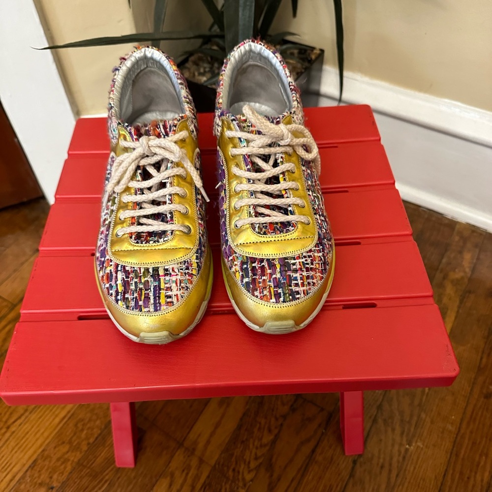 CHANEL Tweed Rainbow Metallic Gold & Silver Trim Lace Up Sneakers